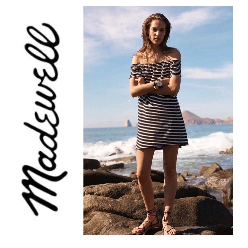 Madewell Striped Off‎ Shoulder Tunic Dress XS Black White Casual Beach